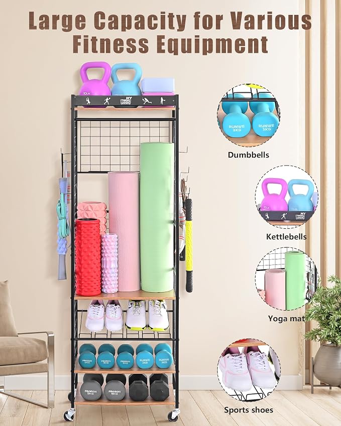 Mythinglogic Home Gym Storage Rack with Wheels for Dumbbells and Yoga Mats | Versatile storage with shelves, hooks and side holders for kettlebells, foam rollers, bands, weight plates and gym gear
