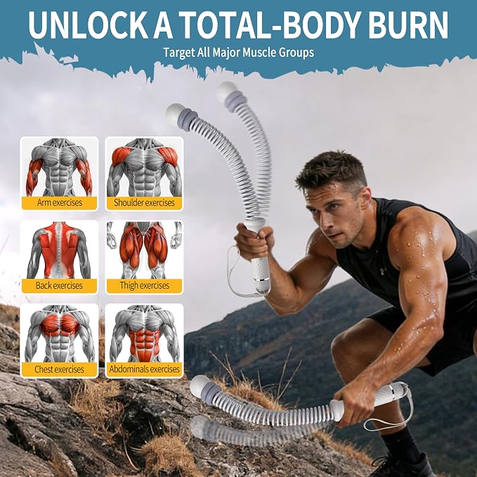 Portable Adjustable Ropeless Battle Ropes with Gray | Weighted Cordless Workout Rope with Anti-slip Handles for Low-impact Cardio, HIIT, Home Gym and Office Fitness