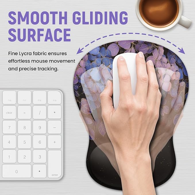 Ergonomic Mouse Pad with Wrist Rest, Gel Wrist Support, Hydrangea | 10.2 x 7.6 in Mouse Pad with Smooth Fabric Surface and Non-Slip Rubber Base for Office, Home, Study, and Gaming