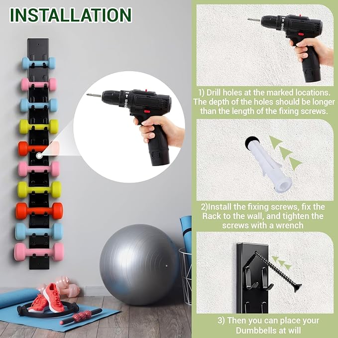 Zonon 50 Inch Dumbbell Wall Rack 10 Capacity Metal Heavy Duty Dumbbell Storage Holder for Space-Saving Home Gym Hardware Included