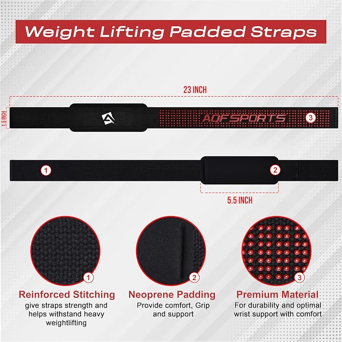 AQF Weight Lifting Straps, Padded Cotton Gym Wrist Straps for Deadlifts | 23" Extra-Long, Heavy-Duty Webbing, 5mm Neoprene Cushioning, Open-Loop Design, Sold as Pair, Ideal for Rows & Pull Workout