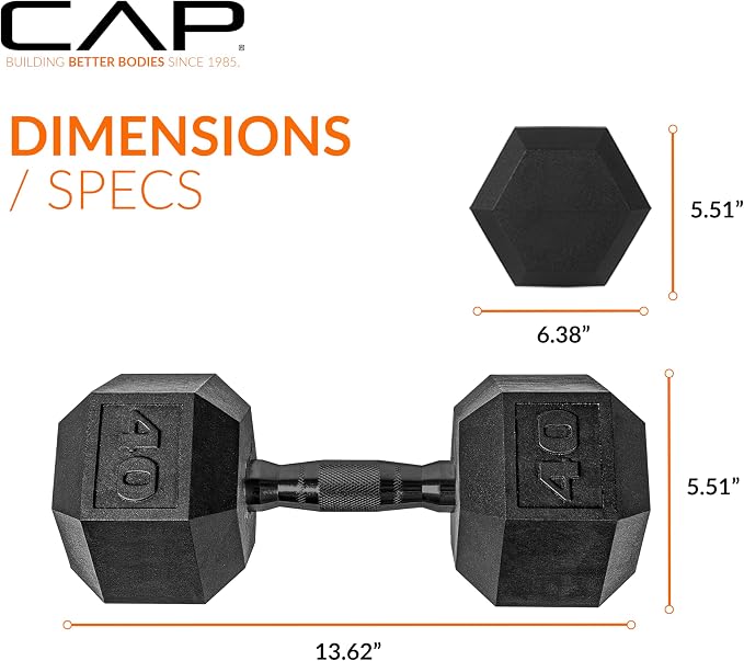CAP Rubber Coated Dumbbell Weights, Free Weights for Home Gym Strength Training, Anti-Roll Hex Dumbbells with Black, Chrome & Comfort Grip Handles, Pairs & Sets