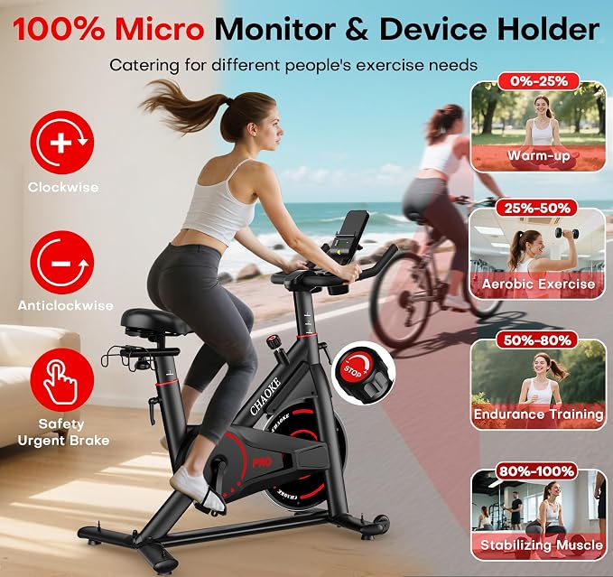 CHAOKE Exercise Bike, Quiet Adjustable Magnetic Stationary Bike for Home Cardio with App Compatible, 350LB Weight Capacity Indoor Cycling Bike with Comfortable Seat, Digital Display for Home Fitness
