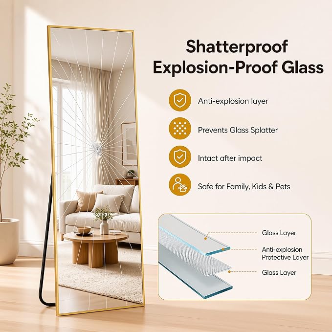 Antok Full Length Mirror, 58"x19" Floor Mirror with Stand, Hanging Mounted Mirrors for Bedroom, Living Room, Cloakroom, Dining Room, Gold, Rect