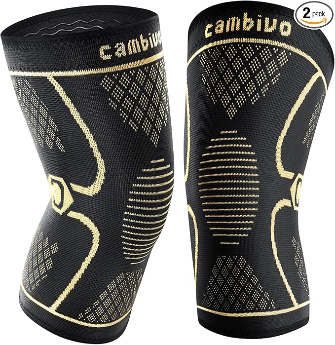 CAMBIVO 2 Pack Copper Knee Braces for Knee Pain, Knee Compression Sleeve for Men and Women, Knee Support for Meniscus Tear, Running, Weightlifting, Workout, ACL, Arthritis, Joint Pain Relief (Gold, Small)