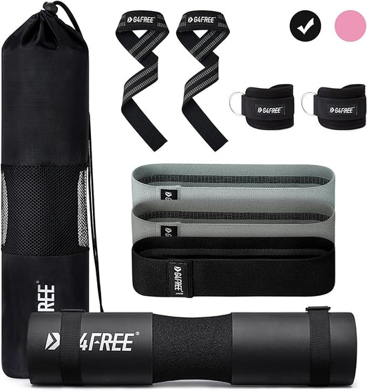 G4Free 7/9Pcs Barbell Pad Set for Squat, Hip Thrusts, Lunges, Leg day | Standard Olympic Bars with 2 Gym Ankle Safety Straps, 3 Hip Resistance Bands, 2 Lifting Strap, Barbell Pad, and Carry Bag