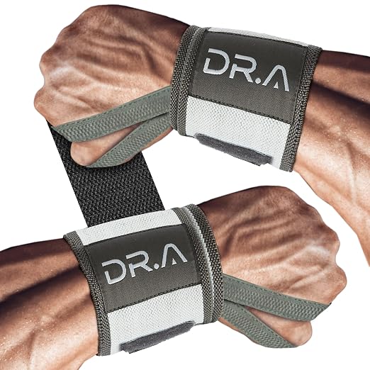 Dr. Arthritis Weight Lifting Wrist Wraps with Thumb Loop, Heavy-Duty Wrist Straps for Weightlifting, Hybrid Training, Olympic Lifts & Calisthenics, Non-Slip Gym Wraps for Men & Women (Grey & White, Pair)
