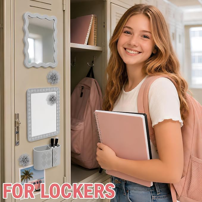 8 PCS Gray Locker Accessories Kit for Girls with Magnetic Mirror Whiteboard Pen Holder Flower Magnets Cute Aesthetic Locker Decoration Set for School Dorm Office Organization