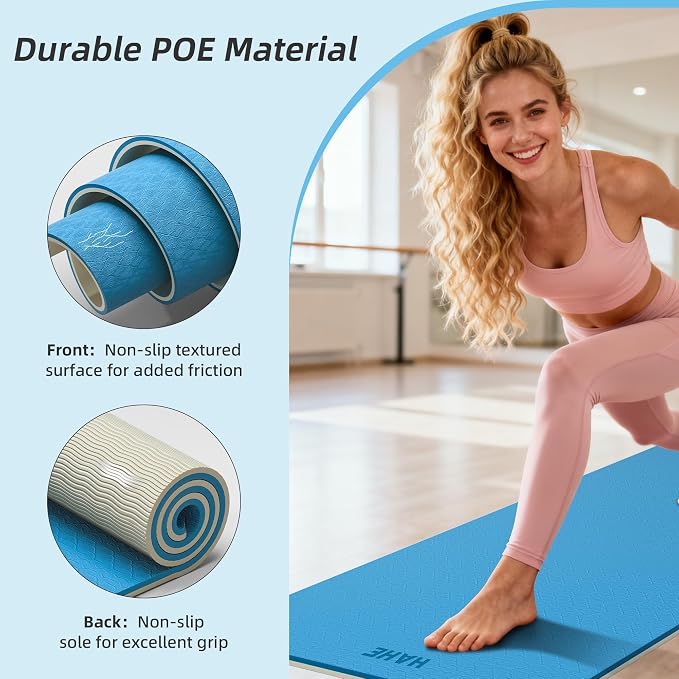 HAHE Wide Yoga Mat 72"x32"x0.4" Thick Pilates Mat with Carrying Strap | Exercise Mats for Home Workout, Wide Non-slip Exercise Mats, Double-Sided POE Fitness Mat for Yoga, Pilates & Travel