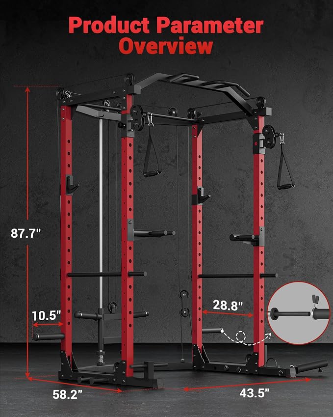 Garvee Power Cage with Cable Crossover System, Power Rack for Home Gym | 1600 Lb Capacity, Carbon Steel Squat Machine with LAT Pulldown Pulley System, J-Hooks, Dip Handles, Landmine Attachment