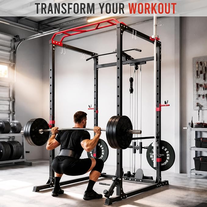 HulkFit Power Rack, Multi-Function Squat Rack with LAT Pull Down, Power Cage with Pulley System, Strength Training Home Gym Equipment with Workout Equipment Attachments, Cable Machine for Home Gym
