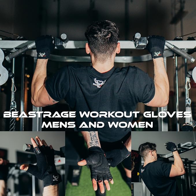 BEAST RAGE Workout Gloves for Men, Durable Palm Grip Gym Gloves Women Half Finger Elasticated Training Weight Lifting Strength Bodybuilding Anti Slip Cycling Gloves Exercise