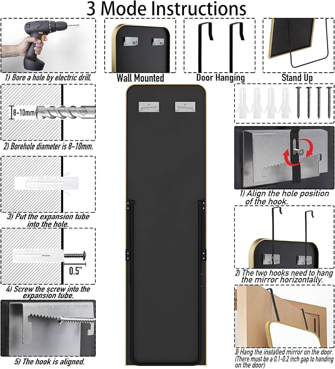 SCWF-GZ 57x16 Full Length Mirror Over The Door Hanging, Floor Stand/Wall Mounted Aluminum Alloy Frame Dressing Mirror for Bedroom Living Room 57 inch Gold