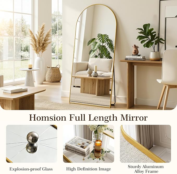 71"x28" Arched Full Length Mirror with Stand, Free Standing Leaning Wall Mounted Aluminum Alloy Frame Mirror for Bedroom Living Room Cloakroom, Gold