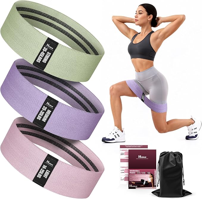 Fabric Resistance Band Set with Exercise Guide, 3 Levels for Hip and Glute | For women and men; 3 resistance levels with an exercise guide for legs, squats, yoga, fitness, and physical therapy