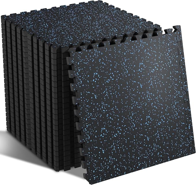SUPERJARE 0.79'' Extra-Thick Exercise Equipment Mats, 24 Pcs 96 Sq Ft Rubber Top Floor Tiles with High Density EVA Foam, Interlocking Gym Flooring for Home Gym, Workout Mat, Black/Blue