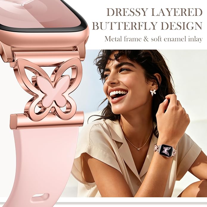 Lerobo Slim Silicone Band Compatible with Apple Watch Bands for Women | Dressy Metal Butterfly 16mm Thin Strap for iWatch Series 11 10 9 8 7 6 5 4 SE Ultra 38mm 40mm 41mm 42mm 44mm 45mm 46mm 49mm