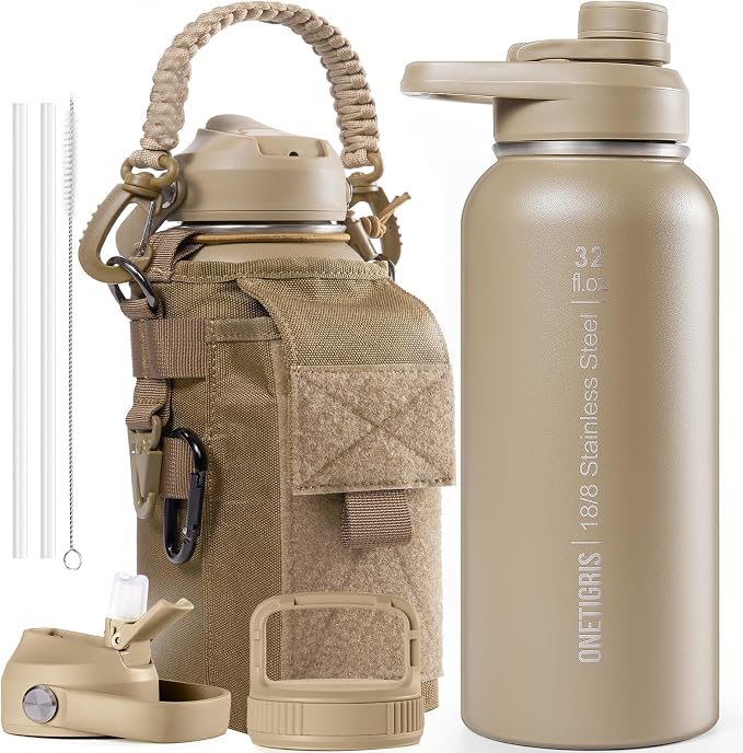 ONETIGRIS 32oz Insulated Tactical Water Bottle with Straw & MOLLE Sleeve | 3 Lids,Keeps Ice Cold 48H Hot 24H,304 Food-Grade Stainless Steel,360° Leakproof Silicone Seal,2 Straws Kit,Paracord Handle