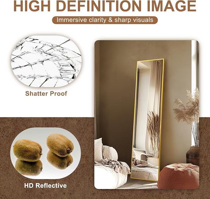 Delma Full Length Mirror,Large Floor Mirror with Aluminum Frame for Bedroom, Bathroom, Living Room,Wall Mount or Freestanding Design(with Stand,Rect 56x15-Gold)