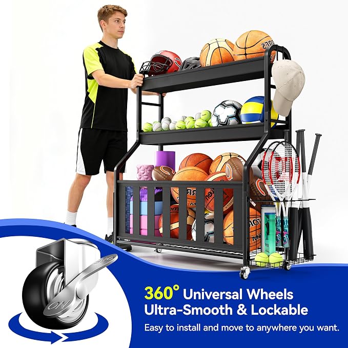 Sports Equipment Organizer, Large Capacity Garage Ball Storage Rack | Heavy-Duty Rolling Ball Cart with Locking Wheels for Basketball, Soccer & Sports Gear