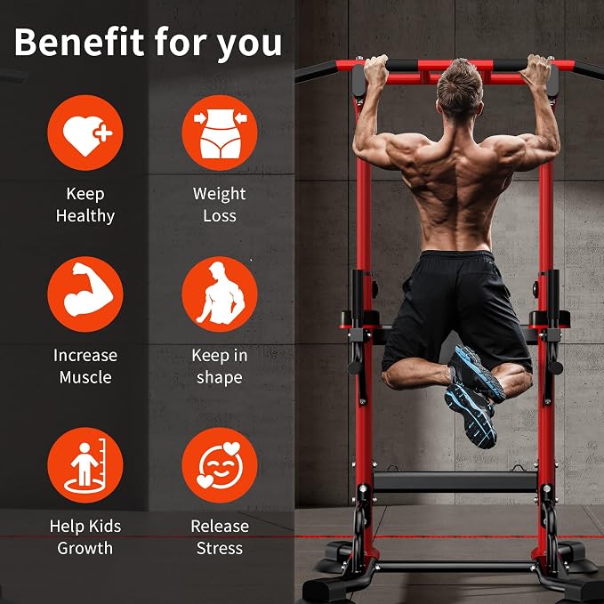 SogesHome Pull Up Bar and Dip Station Adjustable Home Gym Fitness Equipment | Multifunctional Heavy Duty Power Tower 330LB Capacity, Free Standing Strength Training Exercise Machine for Full Body Workout