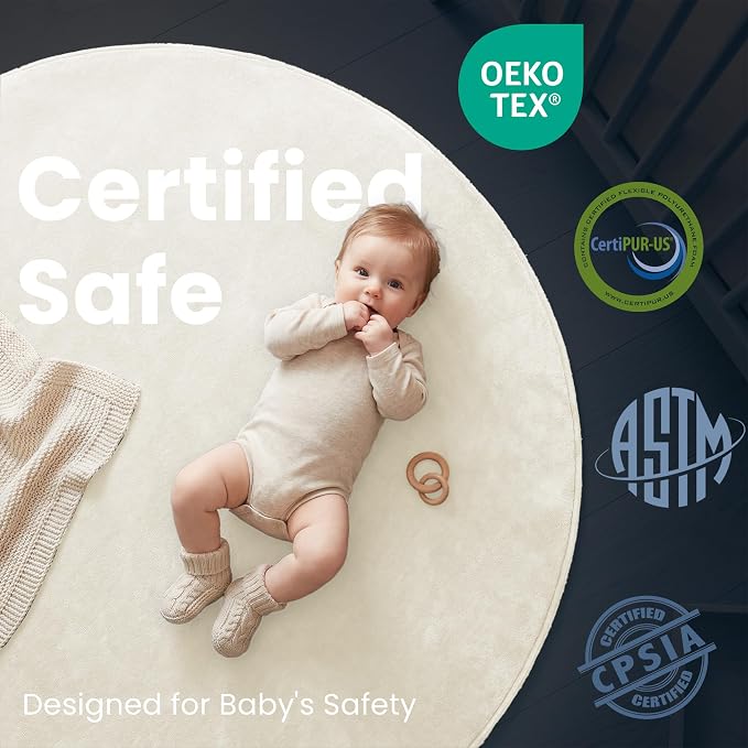 Ultra Soft Baby Play Mat for Floor,1.3" Thick Elasti-Foam 47in Round Mat for Toddlers Infant Kids,Non-Slip Backing Safe for Crawling&Tummy Time,Tatami Style(Cream)