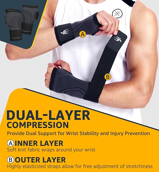 2-Pack Wrist Brace Wrist Wraps, Hand Compression Sleeves with Wrist Straps Support for Fitness Weightlifting MTB Tendonitis Carpal Tunnel Arthritis Pain Relief (Black, X-Large)