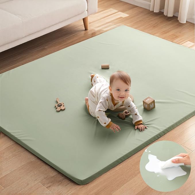 Blissful Diary Vegan Leather Baby Play Mat, 71''x59'', Light Green | thick cushion, safe and soft fabric, waterproof and wip clean, indoor use, non-slip bottom, stylish mordern decor
