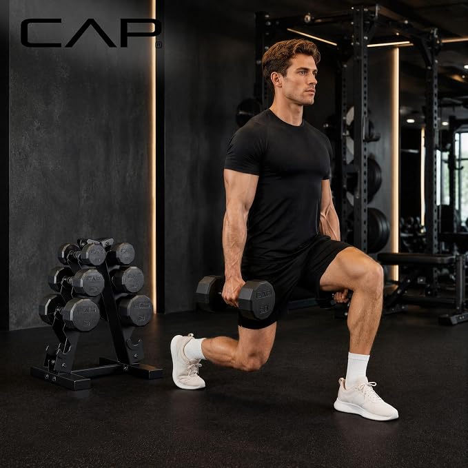 CAP Rubber Coated Hex Dumbbell Set with Storage Rack | 100–210 lb Options, Space-Saving Vertical Compact Storage for Home Gym Strength Training