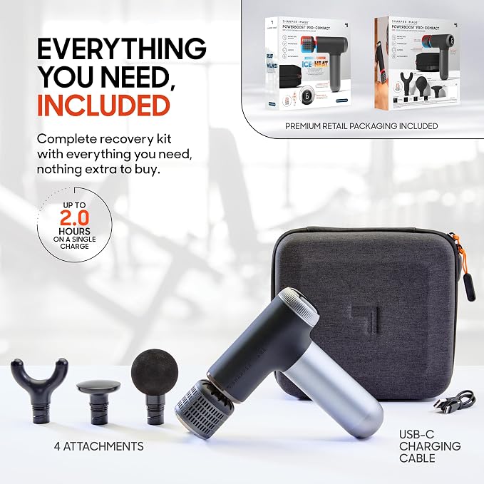 Sharper Image Powerboost Pro+ Hot & Cold Compact Deep Tissue Massage Gun - 6 Speed, 4 Attachments, Travel Case| Soothing Heat & Cold Therapy| Portable Lightweight Full Body Shoulder & Back Massager