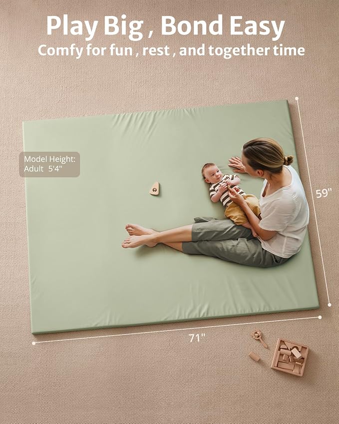 Blissful Diary Vegan Leather Baby Play Mat, 71''x59'', Light Green | thick cushion, safe and soft fabric, waterproof and wip clean, indoor use, non-slip bottom, stylish mordern decor