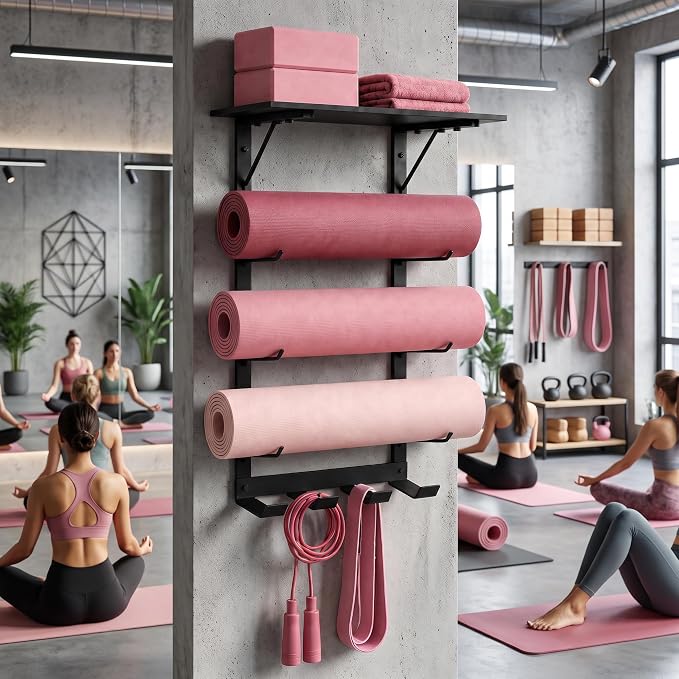 Home Gym Yoga Mat Holder - 4-Tier Wall Rack with Top Shelf and 5 Hooks | Metal Storage Rack Organizes Mats, Foam Rollers, Yoga Blocks, Resistance Bands, Jump Ropes And Workout Accessories.