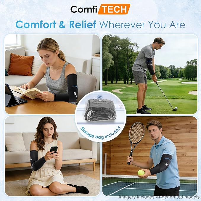 ComfiTECH Dual-Gel Full Arm Elbow Ice Pack Wrap with 30-Min Cooling, M, 2P | Detachable Cold Pack & Flexible Gel Sleeve for Volleyball, Reusable Ice Compress for Tennis Recovery, Shin Muscle Comfort