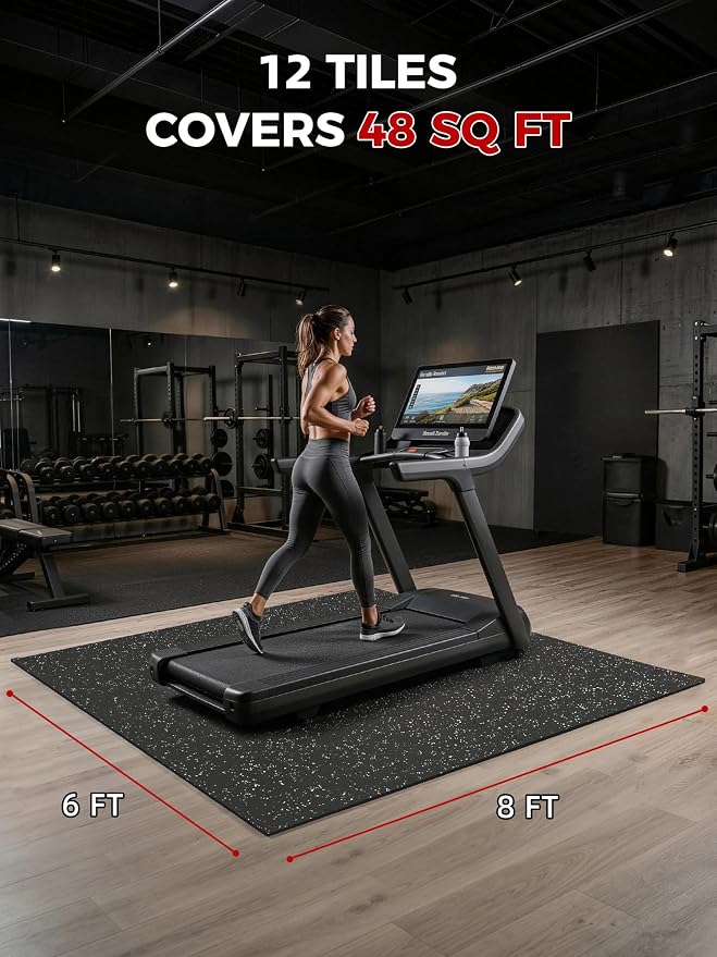 0.56" Rubber Top Gym Flooring, 12 Tiles 48 Sq Ft Heavy Duty Interlocking Gym Mats for Home Gym, Non-Slip High Density EVA Foam Workout Mat, Protect Floors from Weights, 24x24in, Black/White