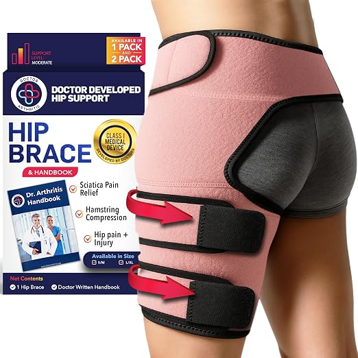 Dr. Arthritis Hip Brace, Adjustable Sciatic Nerve Brace & Stabilizer for Pulled Muscles & Injury Recovery, Hamstring Compression Sleeve Support, Sciatica Pain Relief Devices for Men & Women (L/XL, Pink)