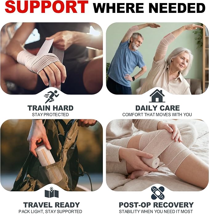 FRESINIDER Premium Elastic Bandage Wrap 8 Pack, 2-6 Inch, Hook and Loop | Assorted-Width Cotton Compression Set Covers Wrist, Ankle, Knee and Thigh; Secure Ends for Full-Body Support and First Aid.
