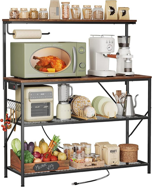 Huuger 4-Tier Bakers Rack with Reversible Power Outlet, 39.4 Inch Microwave Stand, Kitchen Coffee Bar, with Top Shelf, 6 S Hooks, Rustic Brown