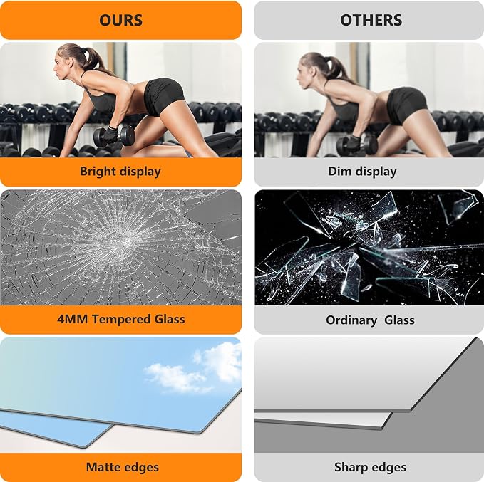 Home Gym Mirror for Wall, 50x25x2PCS Frameless Full Length Mirror, Black | HD Shatterproof Glass, Easy Wall Mount, Large Body Mirrors for Home Gym, Workout, Bedroom, Garage