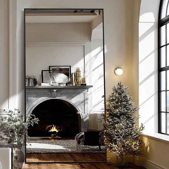 Beauty4U 79" x 39" Full Length Mirror with Stand, Black Large Floor Mirror | Standing, Leaning, or Wall-Mounted Tempered Glass Full Body Mirror with Metal Frame for Bedroom, Closet, Modern Home Decor