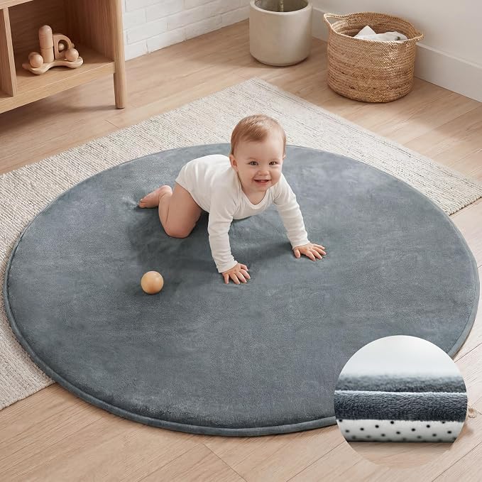 Baby Play Mat for Floor,1.3" Thick Elasti-Foam 47in Round Mat for Tummy Time,Water Repellent Soft Coral Velvet for Toddler,Infant,Kids,Non-Slip Backing Safe for Crawling(Dark Grey)