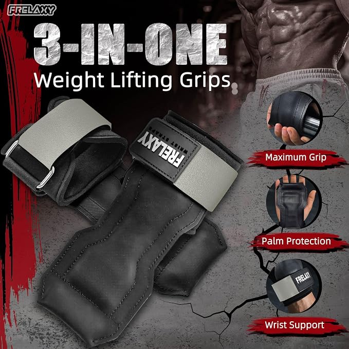 Frelaxy Lifting Wrist Straps, Rubber Weight Lifting Grips for Deadlifts | Non-slip rubber palm, Full palm protection, Neoprene wrist padding, Enhanced grip support, Pull ups rows lat pulldowns
