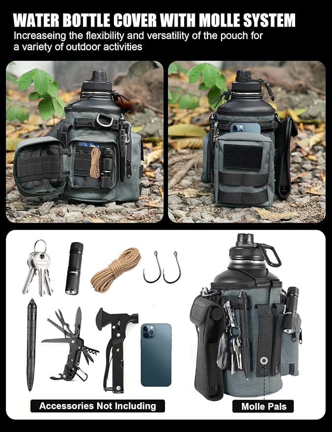 Tactical Half Gallon Water Bottle with Straw, 64 Oz Insulated Water Jug with Molle Water Bottle Holder, Stainless Steel Sport Bottle with 3 BPA Free Lids for Gym Workout Hiking (64oz-Gray)