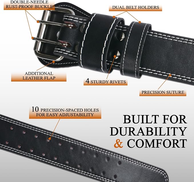 7mm Leather Weightlifting Belt, 4”& 6”Width, Double Prong Power Belt for Gym Bodybuilding, weightlifting, powerlifting, squats and deadlifts