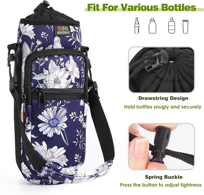 Nuovoware Water Bottle Carrier Bag, 25oz/32oz, Blue Cosmos | Adjustable Shoulder Hand Strap, 2 Pocket, Neoprene Sleeve, For Hiking Travelling Camping