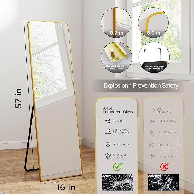 SCWF-GZ 57x16 Full Length Mirror Over The Door Hanging, Floor Stand/Wall Mounted Aluminum Alloy Frame Dressing Mirror for Bedroom Living Room 57 inch Gold