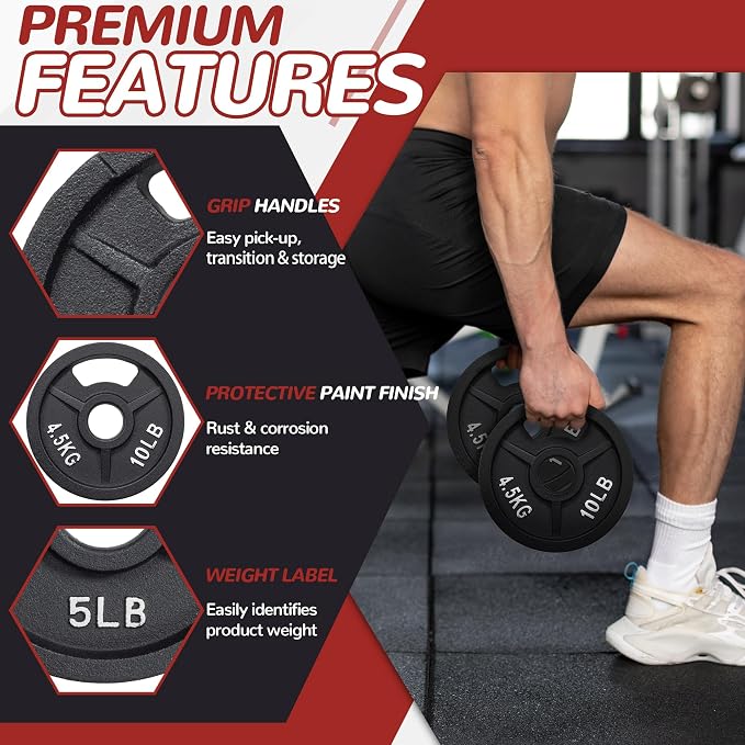 Fitvids 2-Inch Olympic and 1-Inch Standard Cast Iron Weight Plate for Strength Training & Weightlifting, Multiple Weights Available