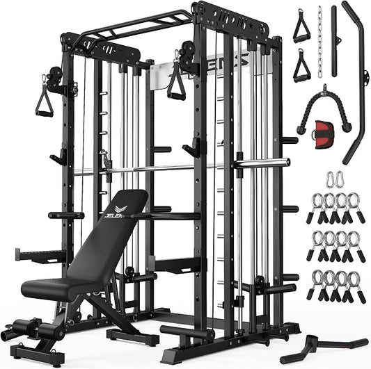 JELENS Smith Machine for Home Gym, Multi-Function M12 Power Cage with Cable Crossover System, Squat Rack with Smith Bar and More Attachment
