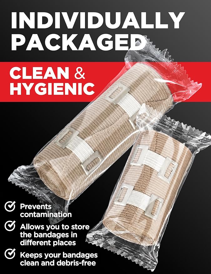 Premium Elastic Bandage Wrap - 4pk (2x3in, 2x4in) + 12 Extra Clips - Strong Compression Bandage Wrap for Leg, Arm, Wrists, Elbow, Ankles, Feet and Knees - for First Aid Kit and After Surgery Recovery | Strong Compression Bandage Wrap for Leg, Arm, Wris...
