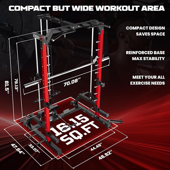 SR01 Smith Machine, 2000LBS Multi-Function Power Cage with LAT Pulldown System, All-in-One Home Gym Squat Rack with Smith Bar and Training Attachments for Full Body Workouts