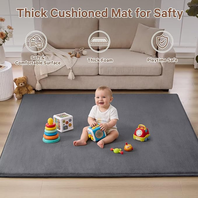Baby Play Mat for Floor,Ultra Thick Elastic Foam 74"x50" Playmat Tummy Time Muscle Crawling Exercise Activity Cushion Gym Mat Nursery Playroom Area Kids Rug for Babies, Toddlers,Infants,Dark Grey